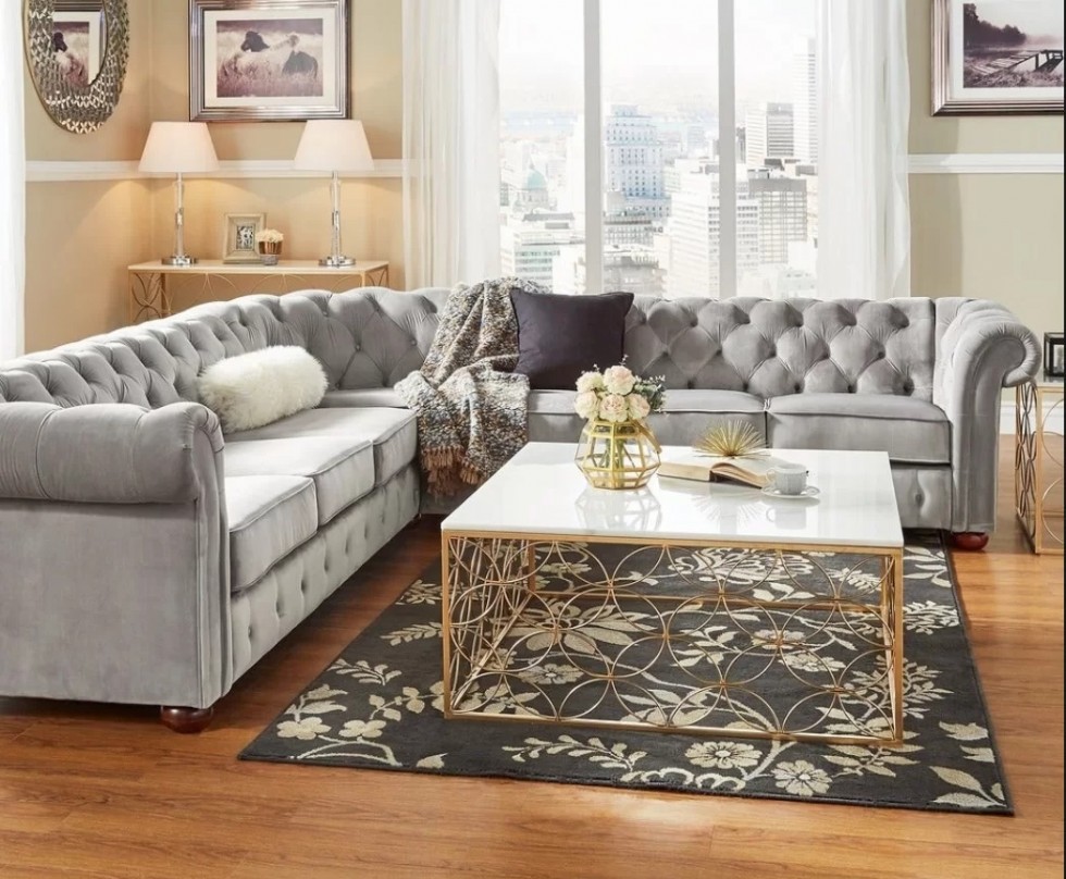 Gri Chester Köşe Takımı Gray Chesterfield Ecksofa Lüks Klasik